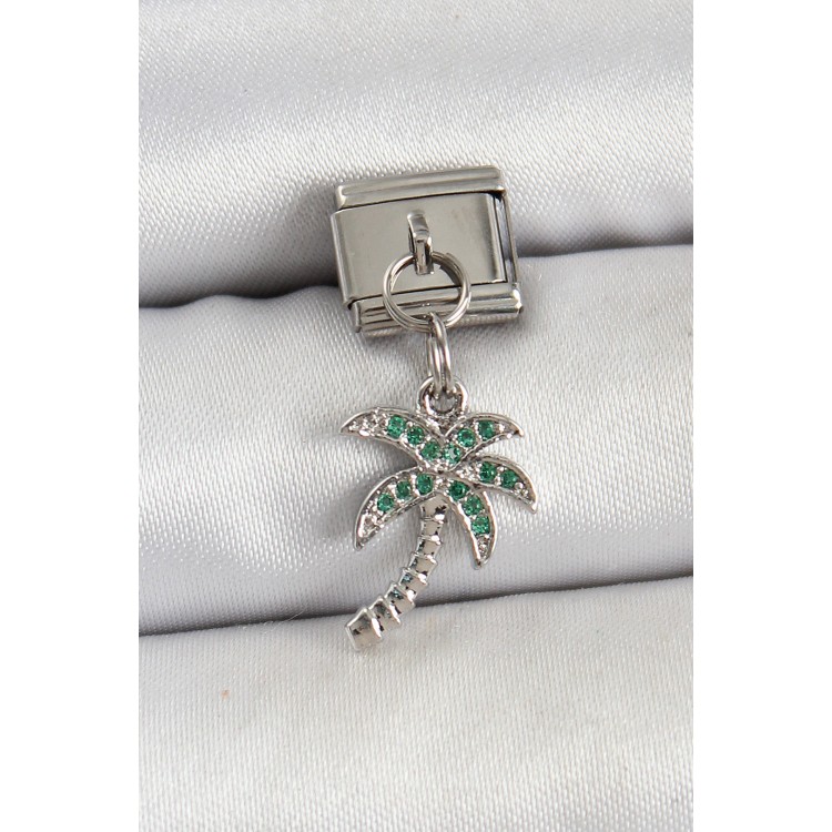316L Çelik Sallantılı Zirkon Taşlı Palmiye Ağacı Model Gümüş Renk Nomination Charm - TJ-BC1445
