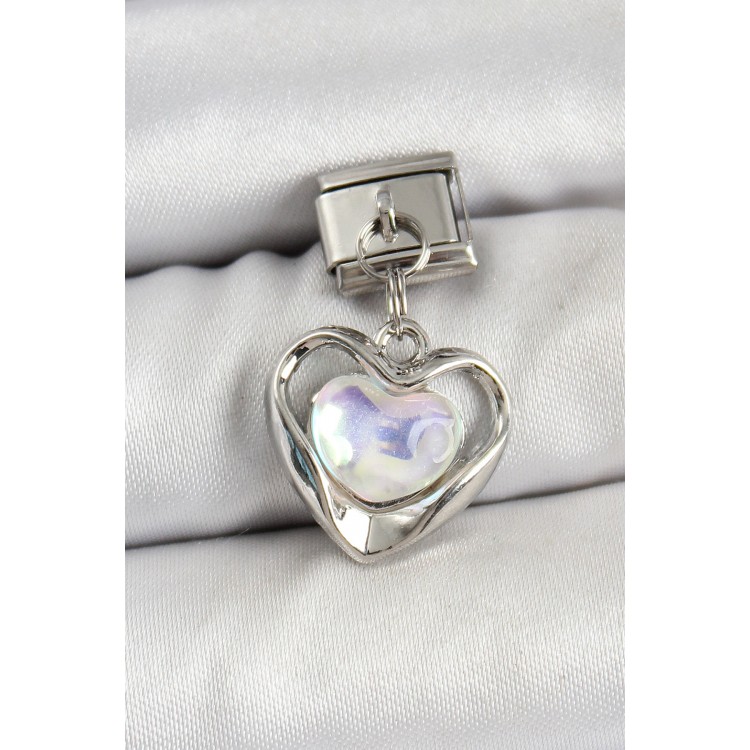 316L Çelik Sallantılı Zirkon Taşlı Kalp Model Gümüş Renk Nomination Charm - TJ-BC1461