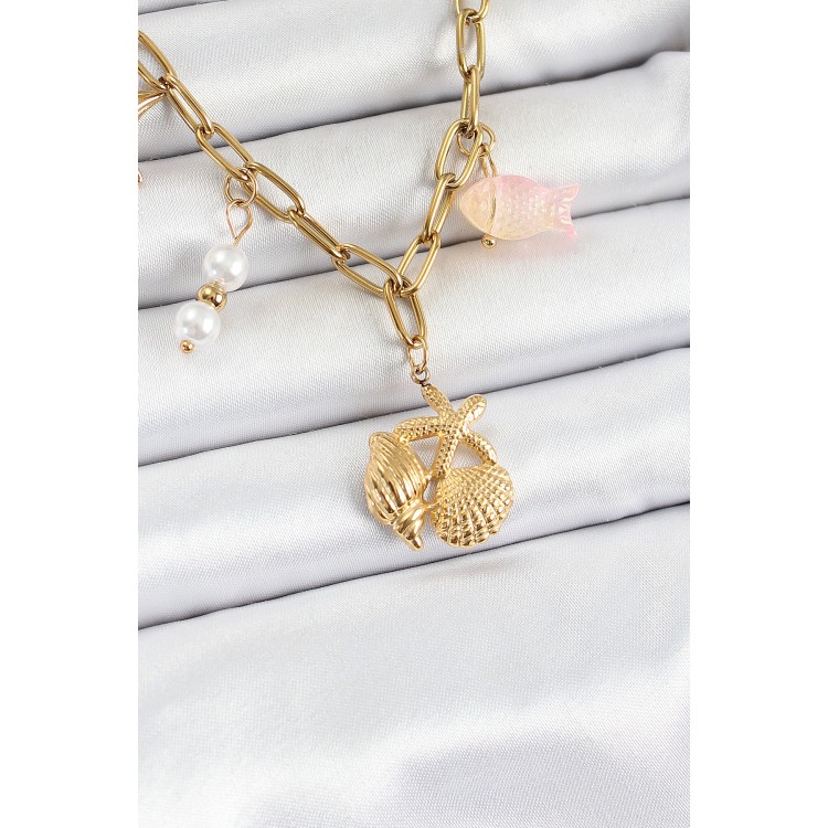 316L Çelik Gold Renk Deniz Yıldızı ve Deniz Kabuğu Konsept Kadın Kolye - TJ-BKO10294