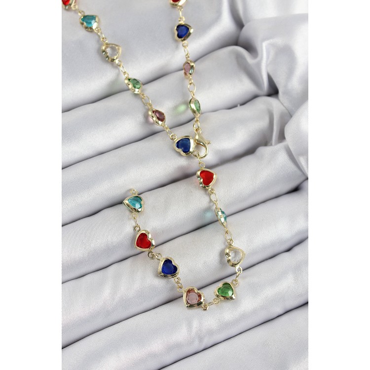 Pirinç Gold Renk Karışık Renk Zirkon Taşlı Kalpli Y Kadın Kolye - TJ-BKO10303