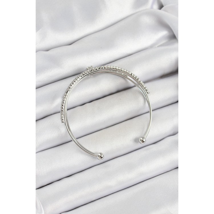 Pirinç Gümüş Renk Zirkon Taşlı Kalp Detaylı Kadın Bileklik - TJ-BB7062