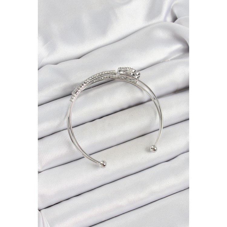 Pirinç Gümüş Renk Zirkon Taşlı Yonca Model 2'li Kadın Bileklik - TJ-BB7063