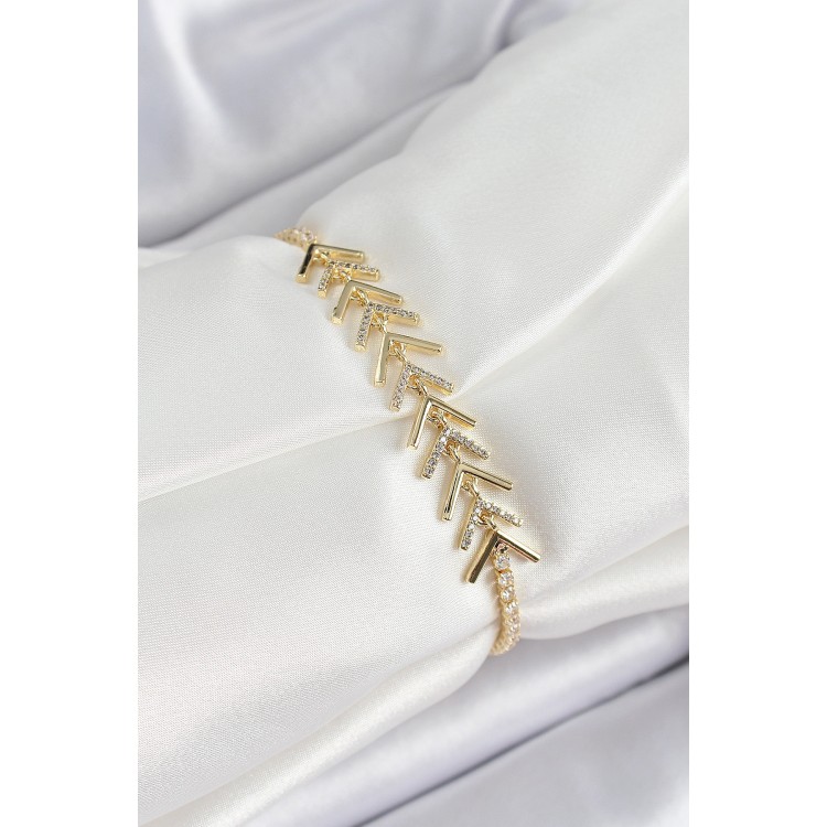 Pirinç Gold Renk Zirkon Taşlı Balık Sırtı Kadın Bileklik - TJ-BB7068