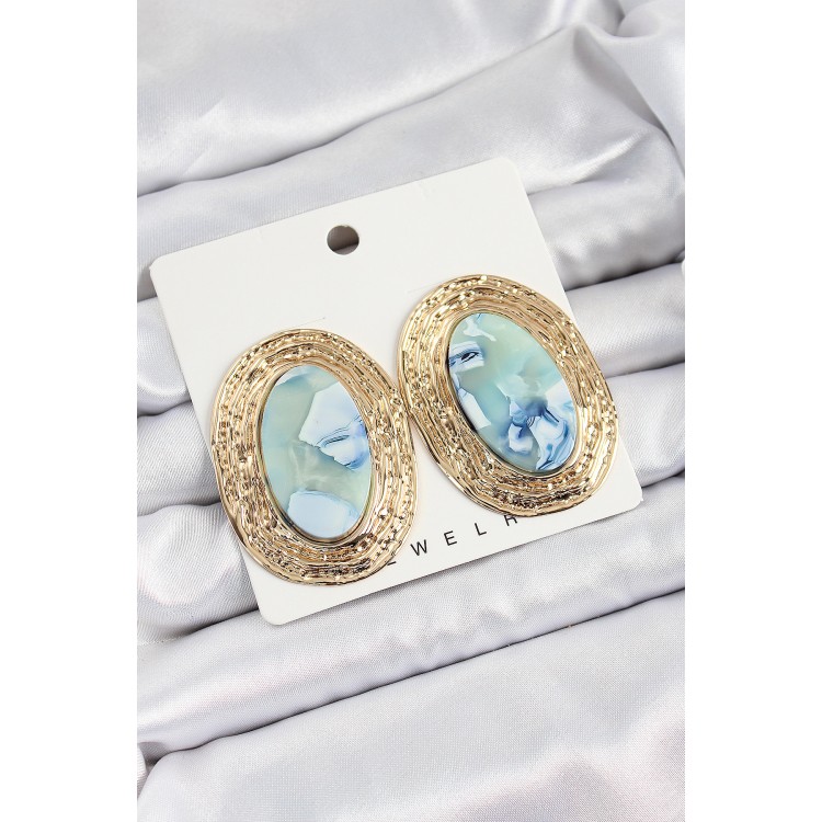 Pirinç Mermer Desenlli Mavi Sedef Oval Vintage Model Gold Renk Kadın Küpe - TJ-BKP10777