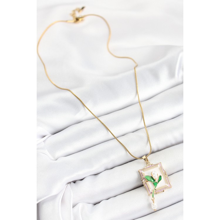 316L Çelik Zincir Beyaz Sanatsal Portre Sallantılı İnci Detaylı Lale Model Gold Renk Kadın Kolye - TJ-BKO10308