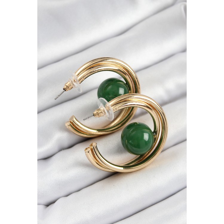 Pirinç Gold Renk Halka Model Yeşil Boncuk Detay Kadın Küpe - TJ-BKP10365