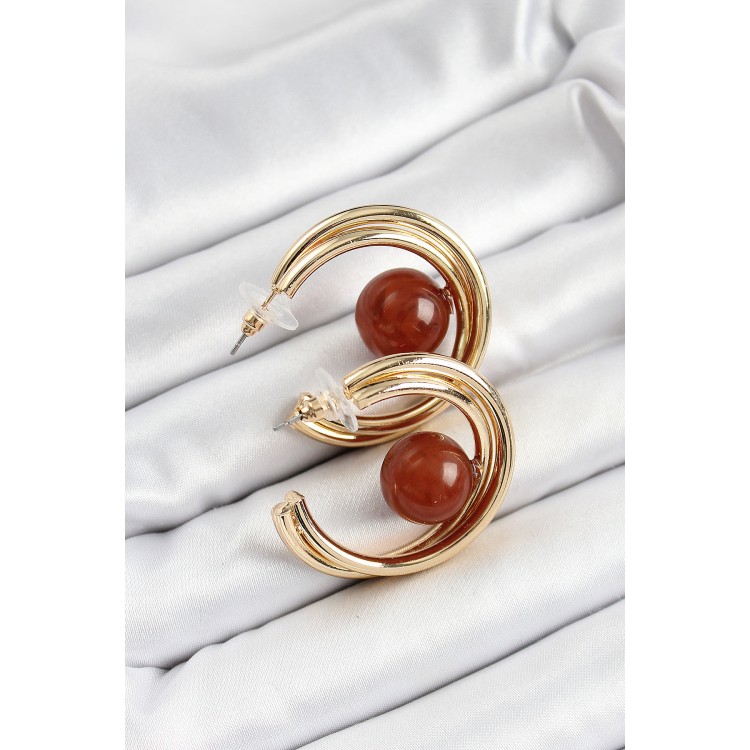 Pirinç Gold Renk Halka Model Kahverengi Boncuk Detay Kadın Küpe - TJ-BKP10364