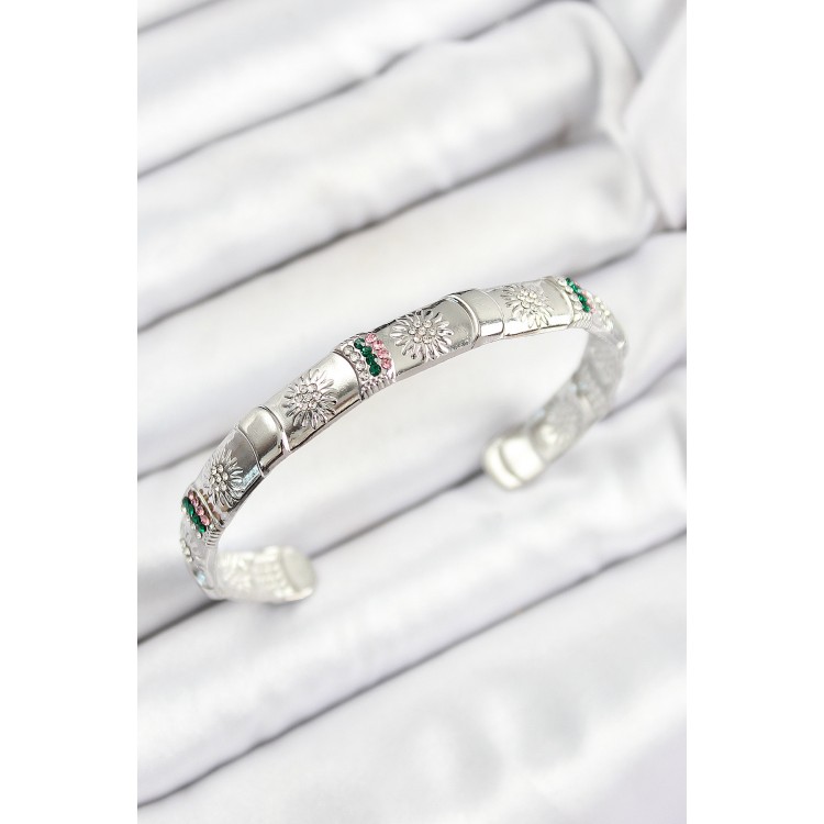 Pirinç Karışık Zirkon Taşlı Çiçek Model Gümüş Renk Altı Açık Kadın Bileklik - TJ-BB7217