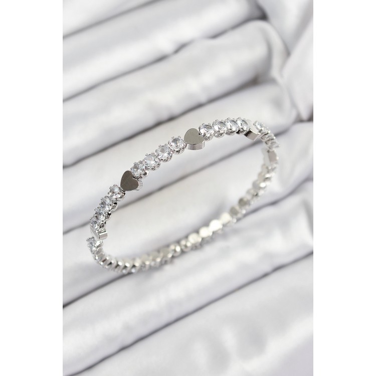 Pirinç Zirkon Taşlı Kalp Model Gümüş Renk Yaylı Kadın Bileklik - TJ-BB7219