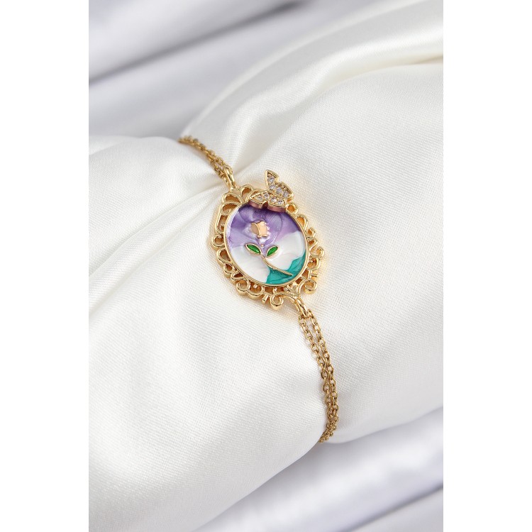 316L Çelik Zincir Mineli Sanatsal Portre Zirkon Taşlı Kelebek Detaylı Çiçek Model Gold Renk Kadın Bileklik - TJ-BB7224