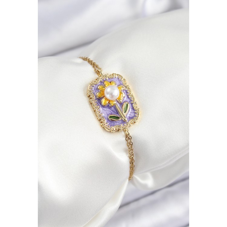 316L Çelik Zincir Mor Mineli Sanatsal Portre İnci Detaylı Papatya Model Gold Renk Kadın Bileklik - TJ-BB7231