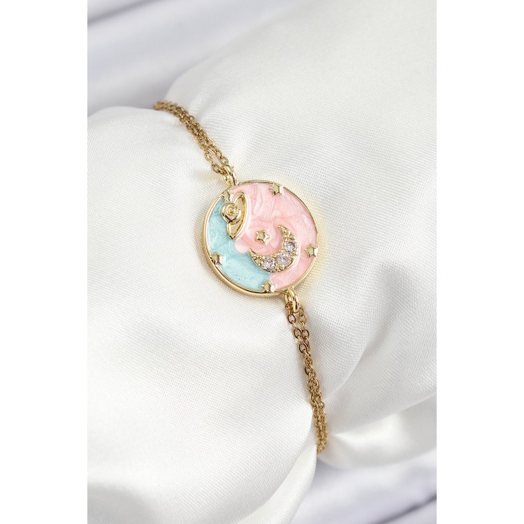 316L Çelik Zincir Mineli Sanatsal Portre Zirkon Taşlı Gezegen Model Gold Renk Kadın Bileklik - TJ-BB7234