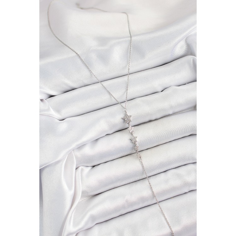 Pirinç Zirkon Taşlı Sıralı Yıldız Figürlü Y Model Gümüş Renk Kadın Kolye - TJ-BKO10313