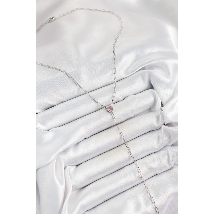 Pirinç Zirkon Taşlı Pembe Kalp Figürlü Y Model Gümüş Renk Kadın Kolye - TJ-BKO10319