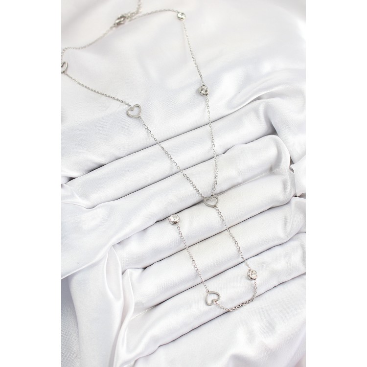 316L Çelik Zirkon Taşlı Kalp Figürlü Y Model Gümüş Renk Kadın Kolye - TJ-BKO10334