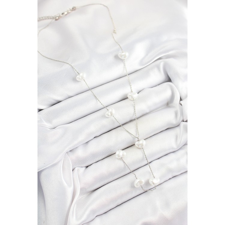 316L Çelik İncili Kalp Figürlü Y Model Gümüş Renk Kadın Kolye - TJ-BKO10336