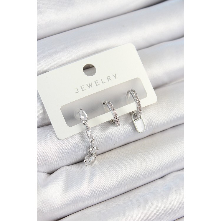 Pirinç Zirkon Taşlı Sallantılı Model Gümüş Renk 3'lü Çift Kadın Küpe Set - TJ-BKP10787