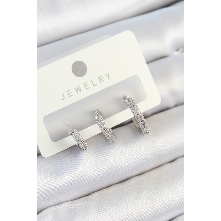 Pirinç Zirkon Taşlı Halka Model Gümüş Renk 3'lü Çift Kadın Küpe Set - TJ-BKP10793