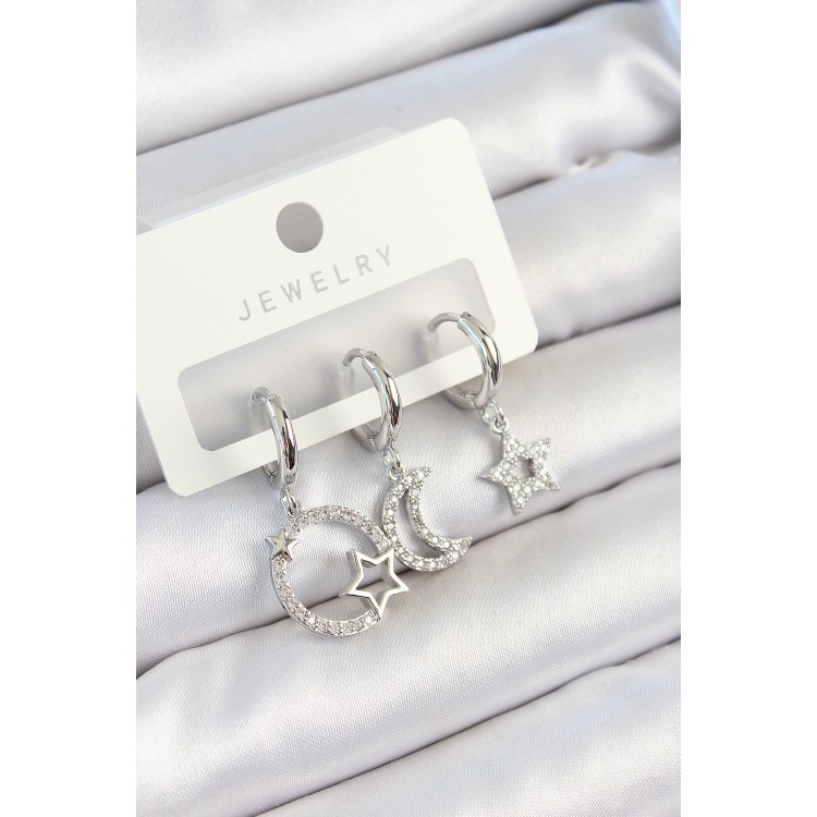 Pirinç Zirkon Taşlı Ay Ve Yıldız Model Gümüş Renk 3'lü Çift Kadın Küpe Set - TJ-BKP10797