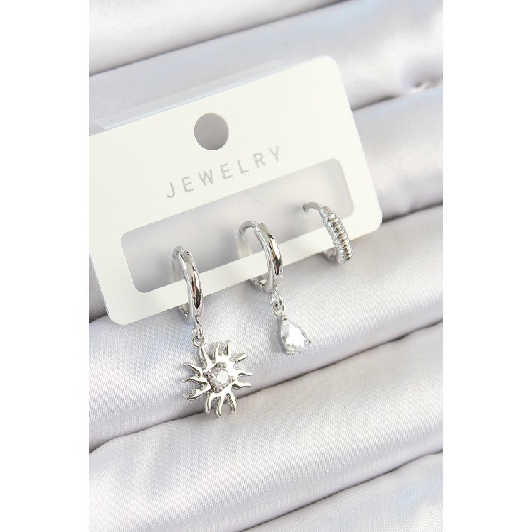 Pirinç Zirkon Taşlı Güneş Model Gümüş Renk 3'lü Çift Kadın Küpe Set - TJ-BKP10799