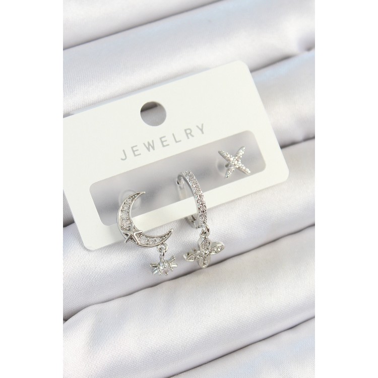 Pirinç Zirkon Taşlı Çiçek Ve Ay Model Gümüş Renk 3'lü Çift Kadın Küpe Set - TJ-BKP10804