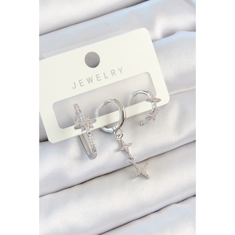 Pirinç Zirkon Taşlı Kelebek Ve Sallantılı Yıldız Model Gümüş Renk 3'lü Çift Kadın Küpe Set - TJ-BKP10811