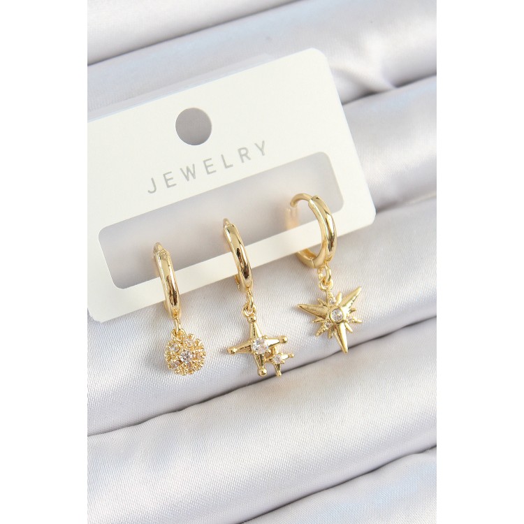 Pirinç Zirkon Taşlı Yıldız Model Gold Renk 3'lü Çift Kadın Küpe Set - TJ-BKP10818
