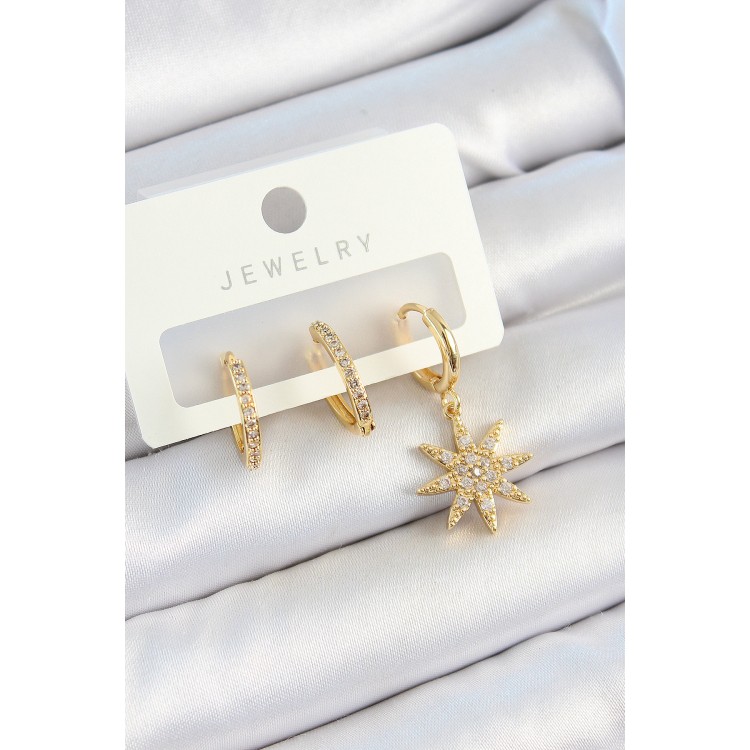 Pirinç Zirkon Taşlı Kutup Yıldızı Model Gold Renk 3'lü Çift Kadın Küpe Set - TJ-BKP10820