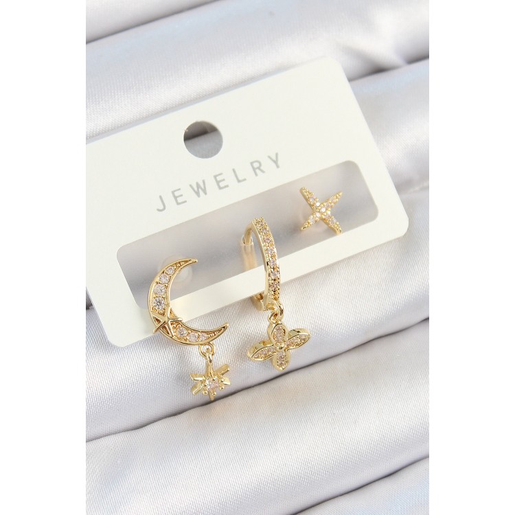 Pirinç Zirkon Taşlı Çiçek Ve Ay Model Gold Renk 3'lü Çift Kadın Küpe Set - TJ-BKP10827