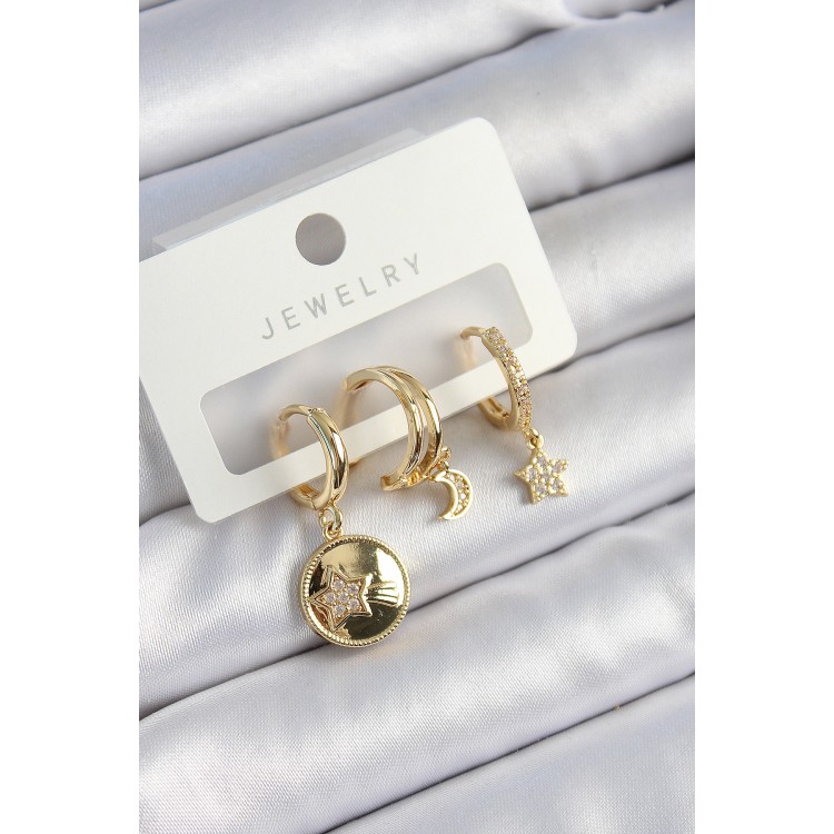 Pirinç Zirkon Taşlı Yıldız Ve Ay Model Gold Renk 3'lü Çift Kadın Küpe Set - TJ-BKP10833