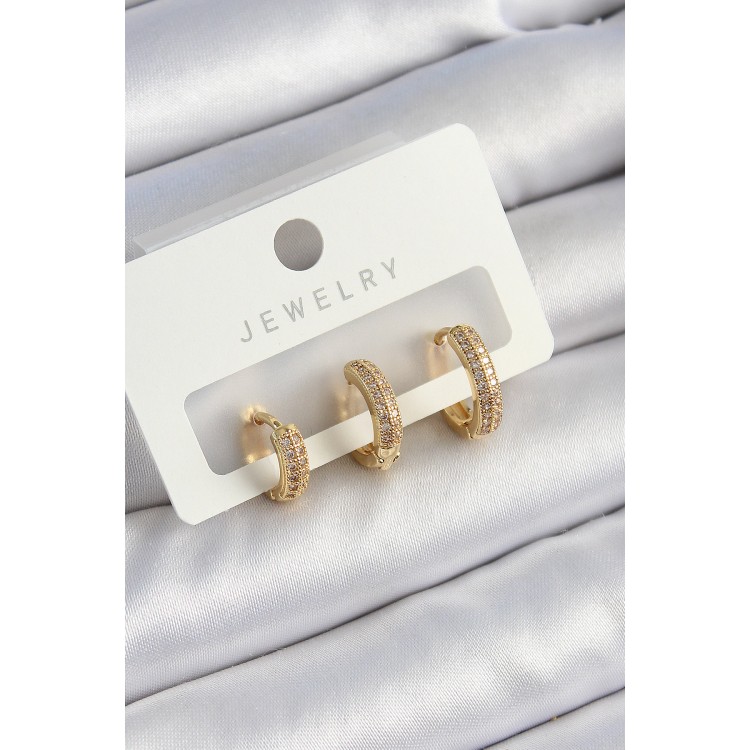 Pirinç Zirkon Taşlı Yıldız Model Gold Renk 3'lü Çift Kadın Küpe Set - TJ-BKP10836