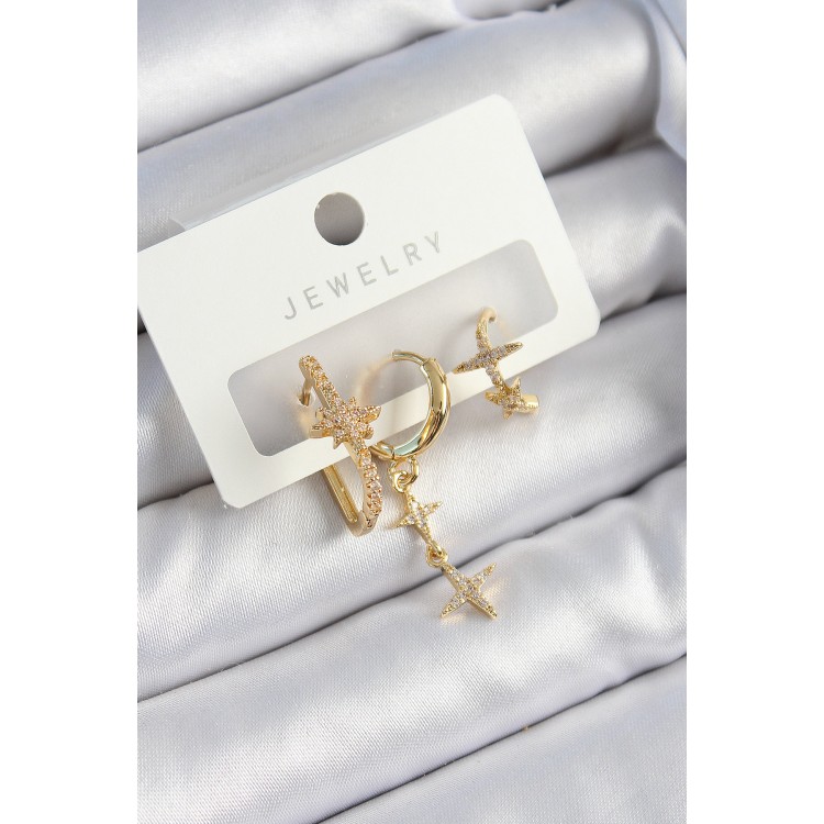 Pirinç Zirkon Taşlı Yıldız Model Gold Renk 3'lü Çift Kadın Küpe Set - TJ-BKP10837