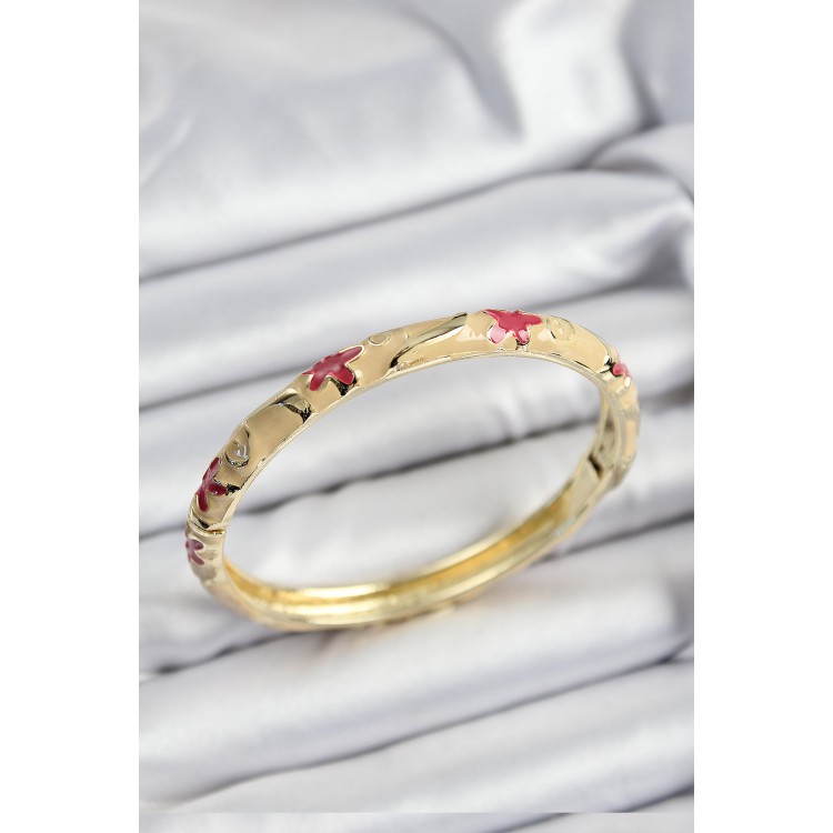 Mineli Pirinç Pembe Ve Krem Çiçek Motifli Gold Renk Kadın Kelepçe - TJ-BB7370