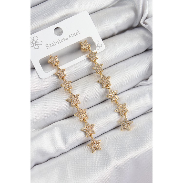 Pirinç Zirkon Taşlı Sallantılı Yıldız Model Gold Renk Kadın Küpe - TJ-BKP10912