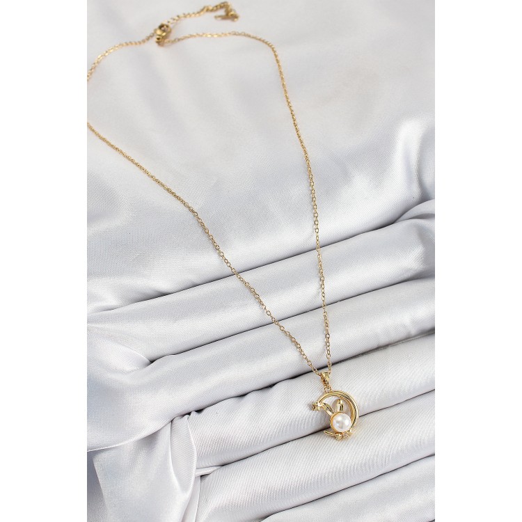 316L Çelik İnci Detaylı Hilal Tavşan Model Gold Renk Kadın Kolye - TJ-BKO10347