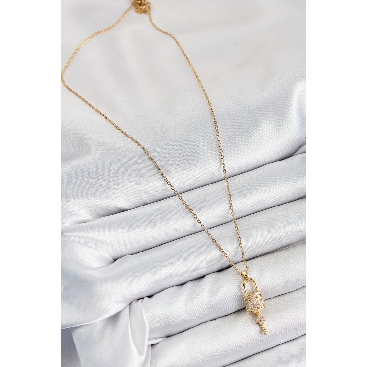 316L Çelik Zirkon Taşlı Kilit Ve Sallantılı Anahtar Model Gold Renk Kadın Kolye - TJ-BKO10353