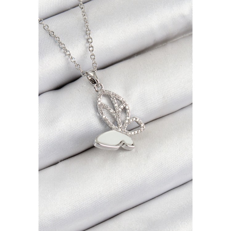 316L Çelik Zirkon Taşlı Kelebek Model Gümüş Renk Kadın Kolye - TJ-BKO10360