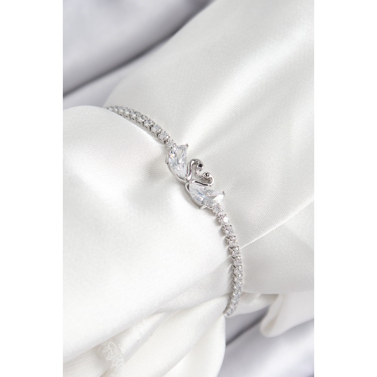 Pirinç Zirkon Taşlı Kuğu Model Gümüş Renk Asansörlü Kadın Bileklik - TJ-BB7463