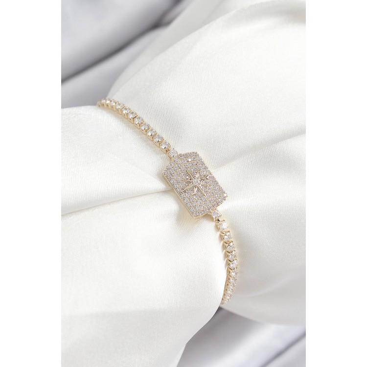 Pirinç Zirkon Taşlı Kutup Yıldızı Model Gold Renk Asansörlü Kadın Bileklik - TJ-BB7466