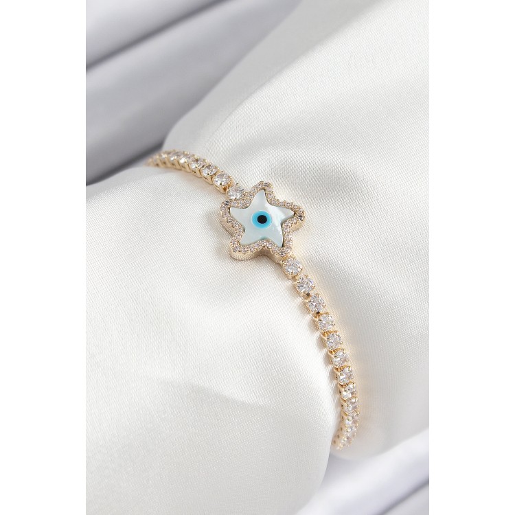 Pirinç Zirkon Taşlı Nazar Yıldız Model Gold Renk Asansörlü Kadın Bileklik - TJ-BB7470