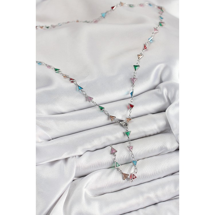 Pirinç Renkli Zirkon Taşlı Üçgen Model Gümüş Renk Kadın Y Kolye - TJ-BKO10383