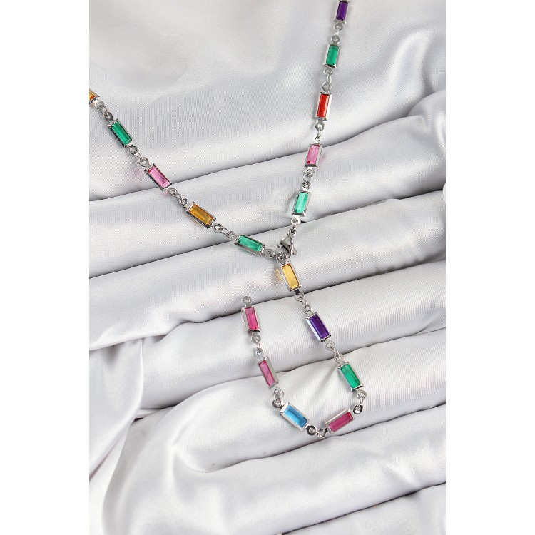 Pirinç Renkli Zirkon Taşlı Dikdörtgen Model Gümüş Renk Kadın Y Kolye - TJ-BKO10385