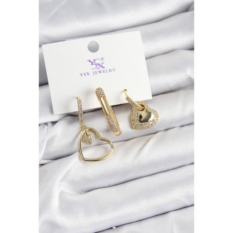 Pirinç Zİrkon Taşlı Kalp Model Gold Renk 3'lü Kadın Küpe - TJ-BKP10936