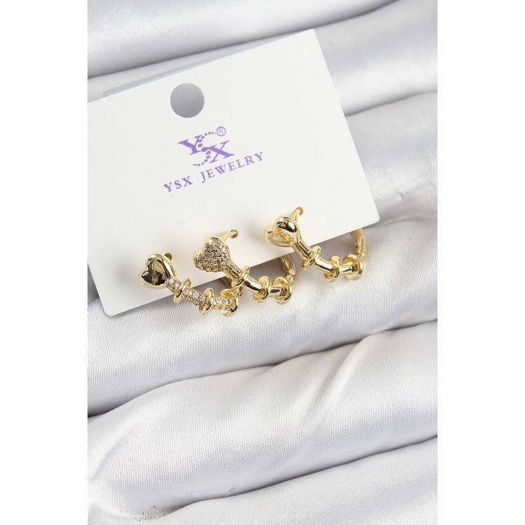 Pirinç Zİrkon Taşlı Kalp Model Gold Renk 3'lü Kadın Küpe - TJ-BKP10947