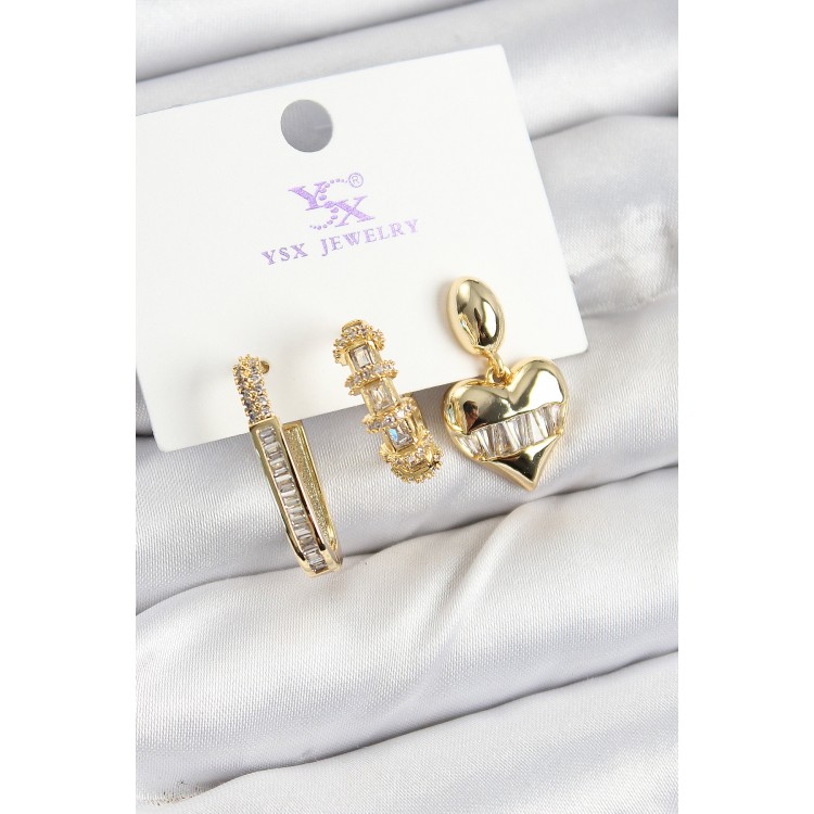 Pirinç Zİrkon Taşlı Kalp Model Gold Renk 3'lü Kadın Küpe - TJ-BKP10948