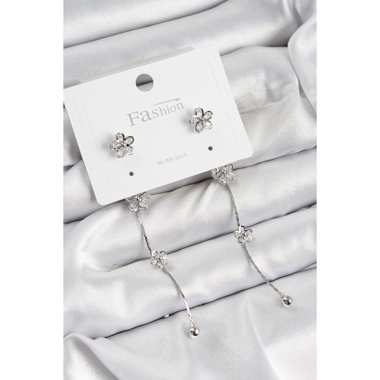 Pirinç Zirkon Taşlı Sallantılı Çiçek Model Gümüş Renk 925 Ayar Gümüş Çivi Kadın Küpe - TJ-BKP10967