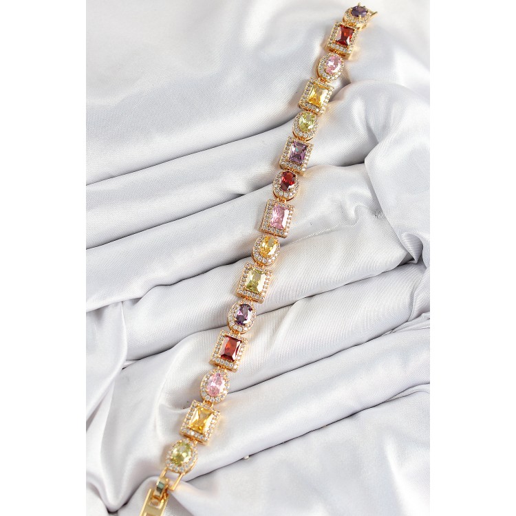 Pirinç Karışık Zirkon Taşlı Baget Model Gold Renk VIP Seri Kadın Bileklik - TJ-BB7504