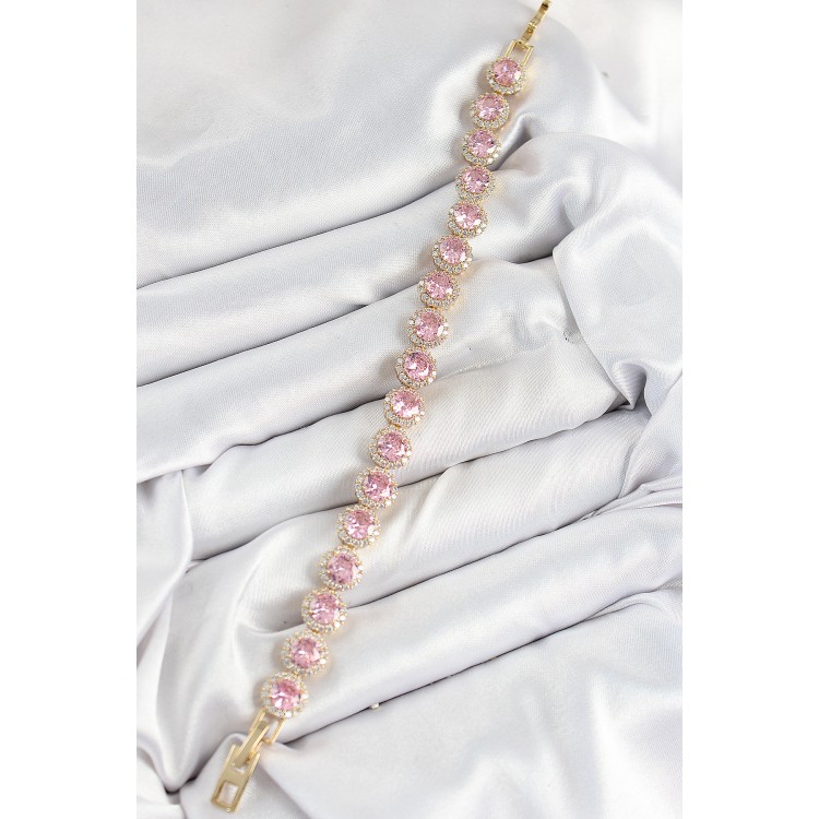 Pirinç Pembe Zirkon Taşlı Daire Baget Model Gold Renk VIP Seri Kadın Bileklik - TJ-BB7512
