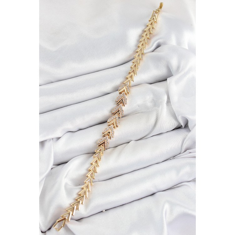 Pirinç Zirkon Taşlı Sıralı Ok Model Gold Renk Kadın Bileklik - TJ-BB7525