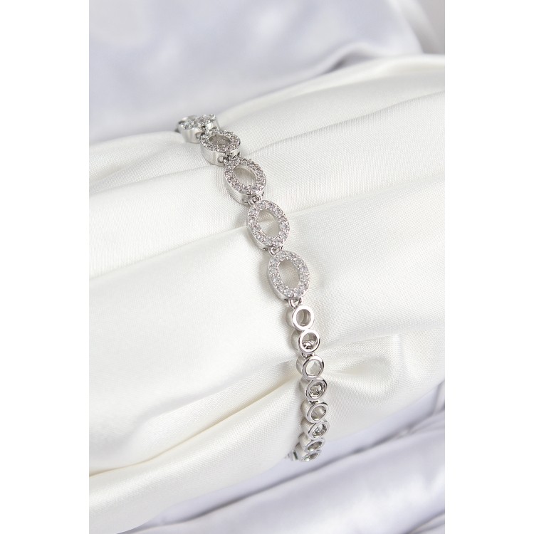 Pirinç Zirkon Taşlı Oval Model Gümüş Renk Kadın Bileklik - TJ-BB7544